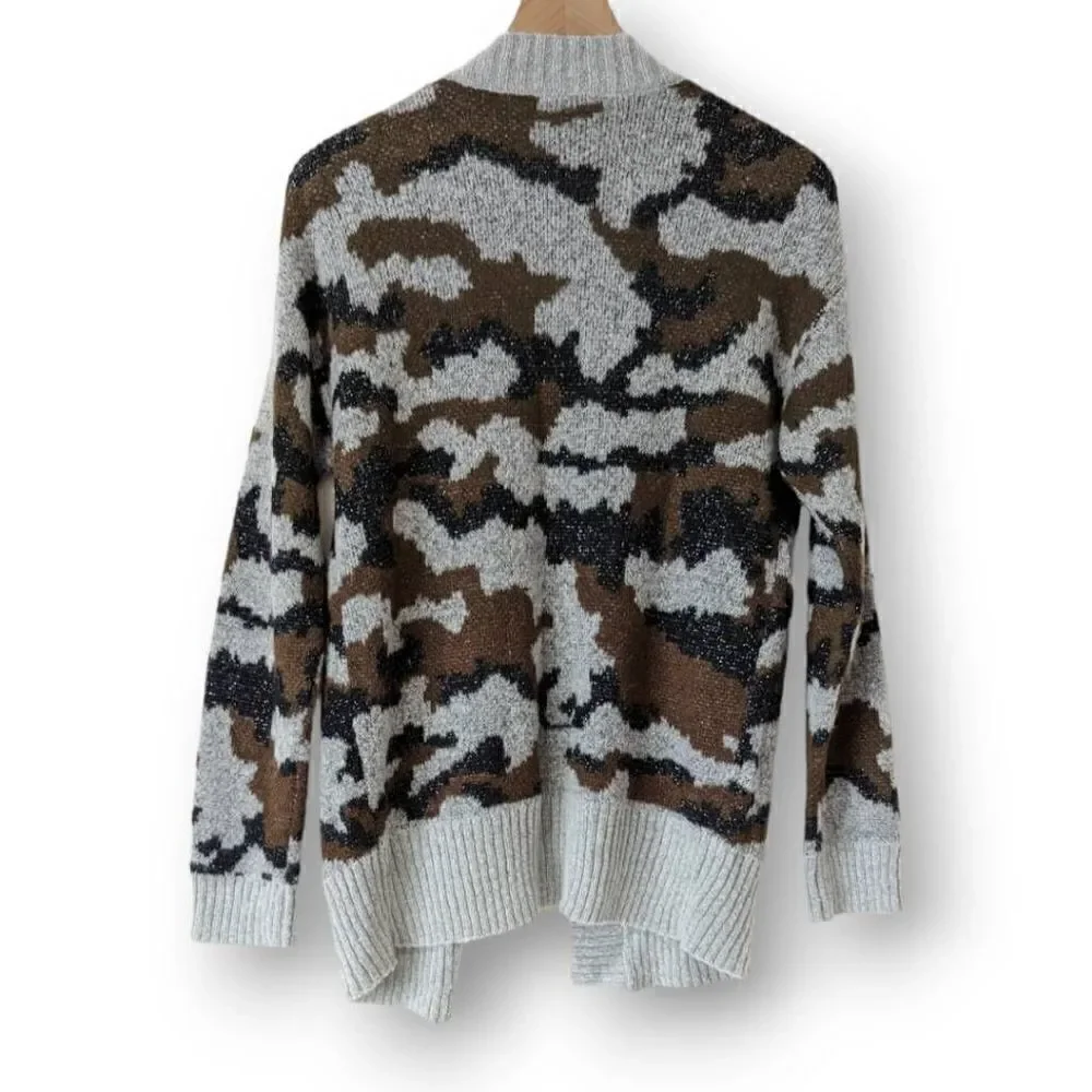 Mystree Womens Cardigan Sweater Knitted Camouflage Gray Small